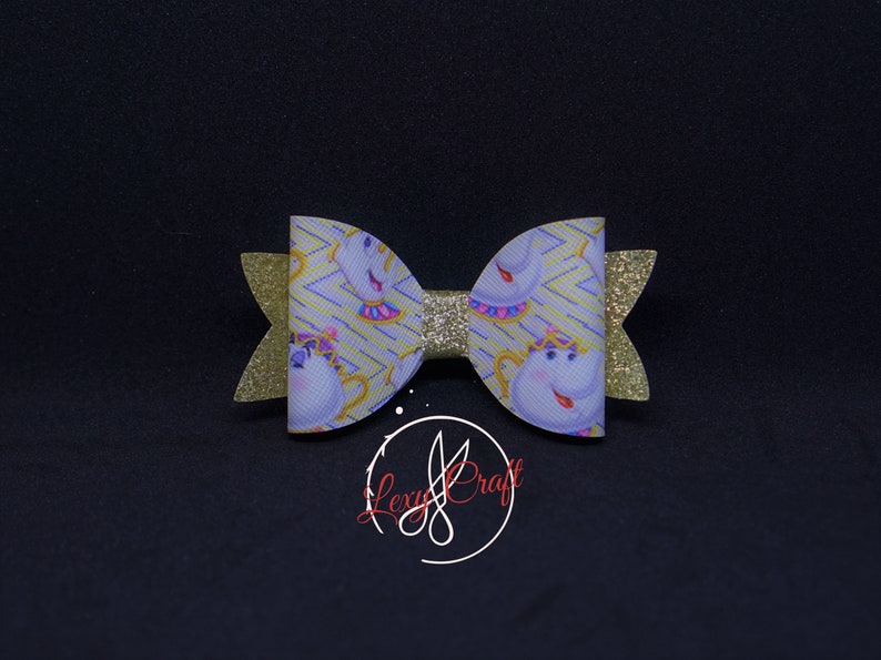 Beauty and the Beast Bow Mrs Potts Bow Print Faux Leather Hair Bow 3 14