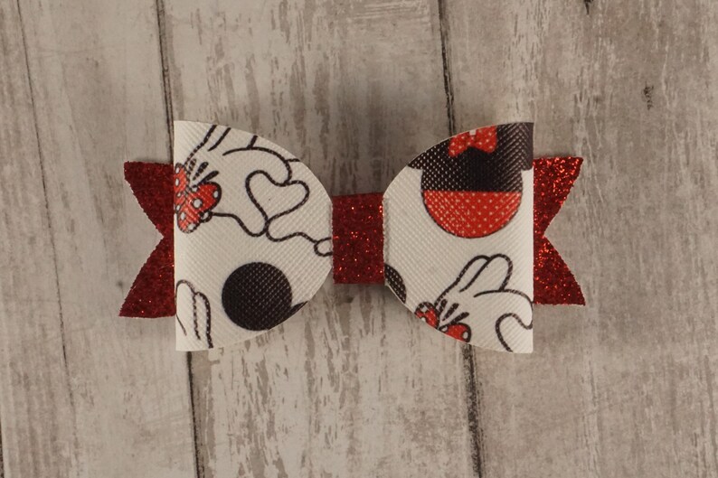 Mickey Love Bow Minnie Mouse Bow Faux Leather Hair Bow Disney Hair Clip Mickey Kissing Minnie 3 14
