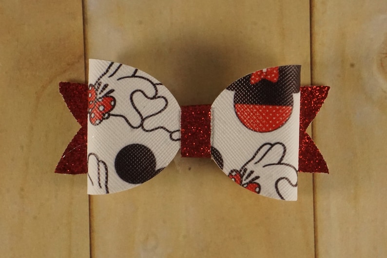 Mickey Love Bow Minnie Mouse Bow Faux Leather Hair Bow Disney Hair Clip Mickey Kissing Minnie 3 14