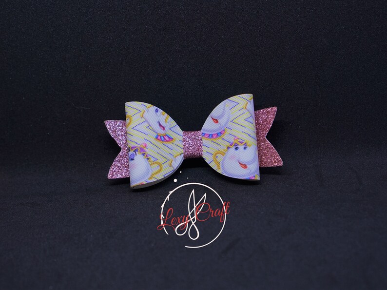 Beauty and the Beast Bow Mrs Potts Bow Print Faux Leather Hair Bow 3 14