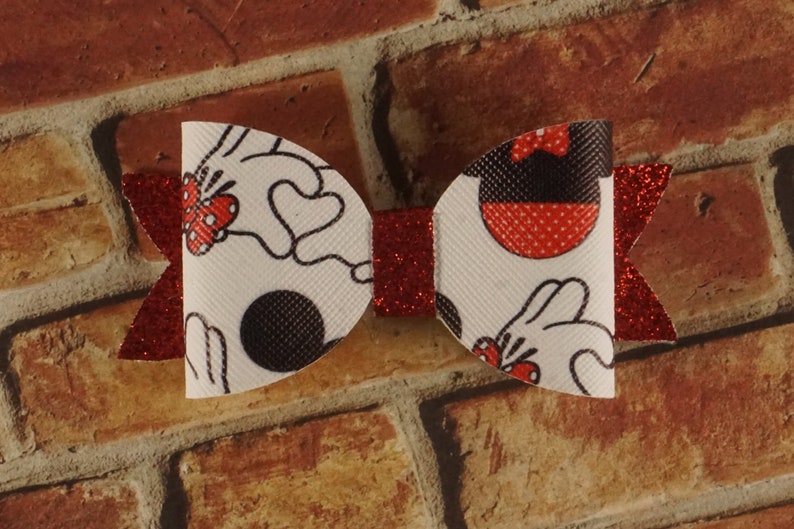 Mickey Love Bow Minnie Mouse Bow Faux Leather Hair Bow Disney Hair Clip Mickey Kissing Minnie 3 14