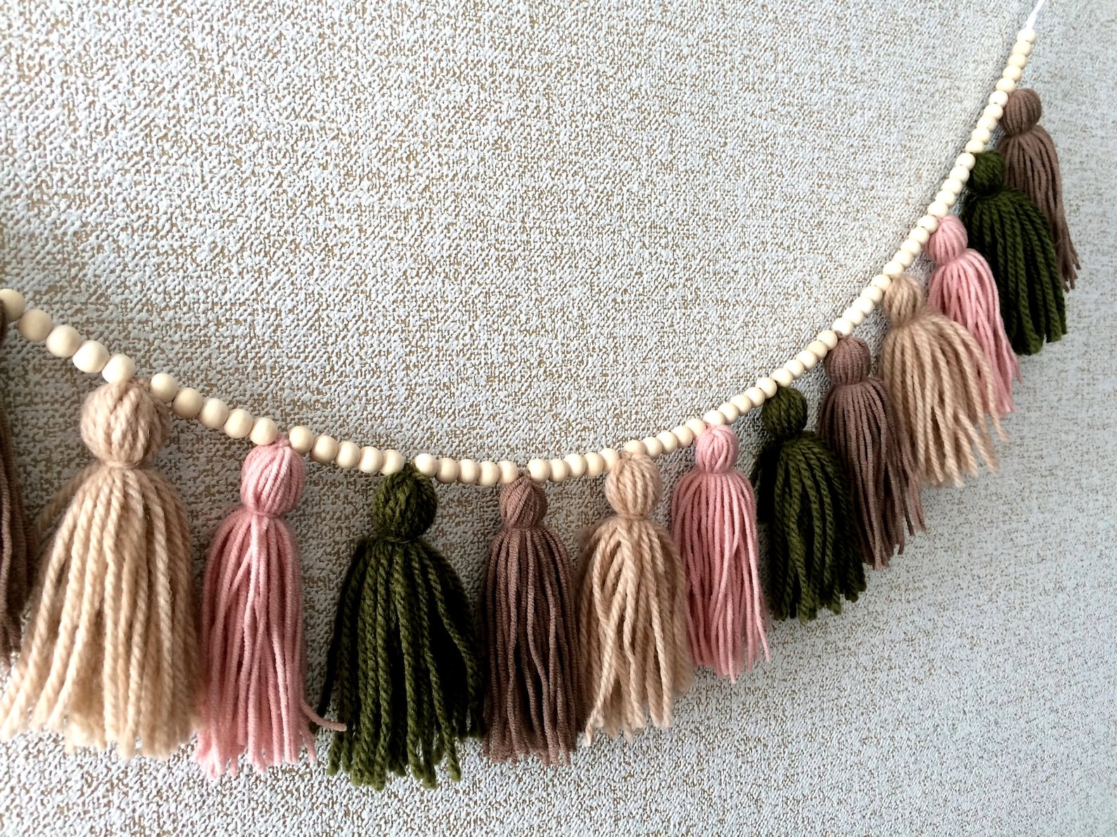 Brown green pink boho bunting yarn tassel garland. Nursery Etsy