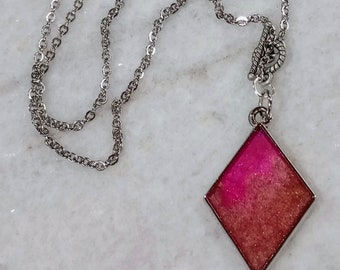 Diamond shaped resin necklace pendant, pink, resin jewelry, mother's day jewelry