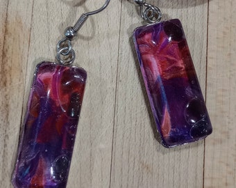 Handmade red and purple rectangle acrylic fluid art earrings,acrylic fluid art dangles,unique multicolor earrings,Valentine's day jewelry