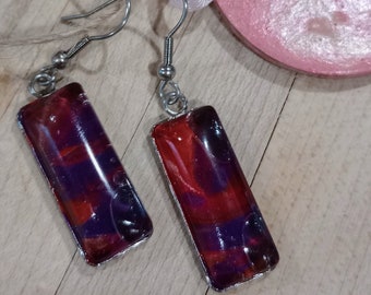 Handmade red and purple rectangle acrylic fluid art earrings,colorful acrylic fluid art dangles,multicolor Valentine's day earrings