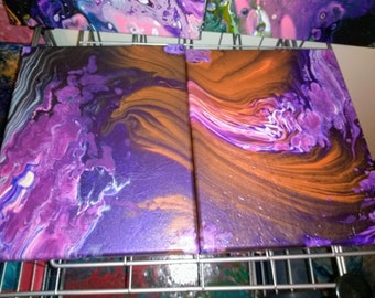 Purple and orange canvas artwork set, colorful unique home decor, multicolor paint pour artwork, acrylic fluid art canvas