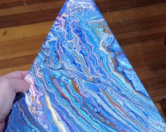 Triangle paint pour artwork, drizzle pour technique, multicolor paint pour art, unique style home decor,blue artwork, triangular shaped art