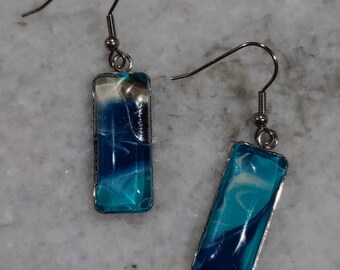 Blue acrylic fluid art handmade earrings,acrylic fluid art dangles, light blue dark blue rectangular shaped earrings,cabochon earrings