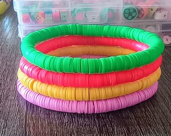 Set of 4- Neon heshi bead stacking bracelets,pink neon pink yellow neon green,90s vibes,surfer bracelets,trendy preppy bracelets,y2k jewelry