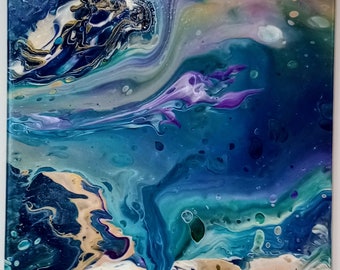 Unique multicolored paint pour artwork, blue purple tan, abstract art home decor