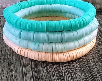 Set of 4- Handmade teal heshi bead bracelet stack, polymer clay disc bead stackable bracelets,trendy surfer bracelets,Summer bracelets