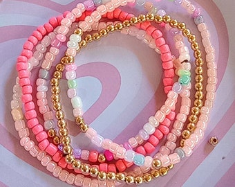 Set of 5- Handmade multicolor seed bead bracelets, peach pink gold, Summer bracelets, Spring jewelry