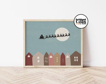 Santa Claus and Sleigh, Colorful Christmas Sign, Printable Wall Art, Christmas Wall Art Print, Boho Christmas Decor, Christmas Gift for Home