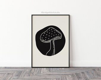 Mushroom Wall Art Printable, Black and White Art, Mushroom Art, Cottagecore Printable Wall Art, Fall Kitchen Decor, Cottage Core Decor