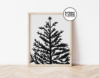 Art d'arbre de Noël, art mural de Noël imprimable, noir et blanc, art mural imprimable, décoration de Noël moderne, cadeau de Noël pour la maison