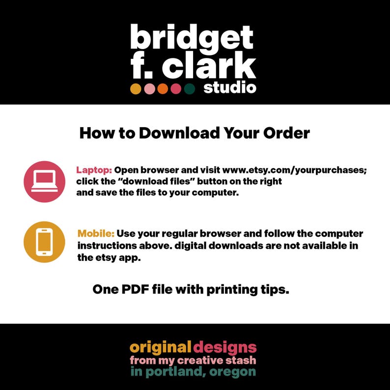 Peut inclure: Un graphique noir et blanc avec des instructions sur la fa&ccedil;on de t&eacute;l&eacute;charger votre commande depuis Etsy. Le graphique comprend des ic&ocirc;nes pour un ordinateur portable et un t&eacute;l&eacute;phone mobile. Le texte indique "Comment t&eacute;l&eacute;charger votre commande" et comprend des instructions pour les ordinateurs portables et les appareils mobiles. Le graphique comprend &eacute;galement le texte "Un fichier PDF avec des conseils d'impression."