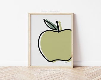GREEN APPLE ART print, mid century modern wall art printable, apple kitchen decor, cute gift for teachers fruit kitchen art, modern print