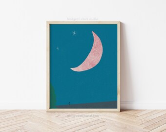 May include: A digital illustration of a pink crescent moon against a teal blue night sky with white stars. A small figure stands on a gray ground in the foreground.