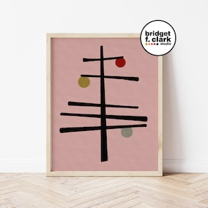 May include: Abstract art print of a stylized tree with black branches and three colorful circles on a pink background. The print is framed in a light wood frame.