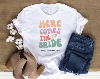 Retro Here Comes The Bride Hen Party Tshirts | Hippie Boho Hen Do Shirts | Bachelorette TShirts | Hen Party Quotes