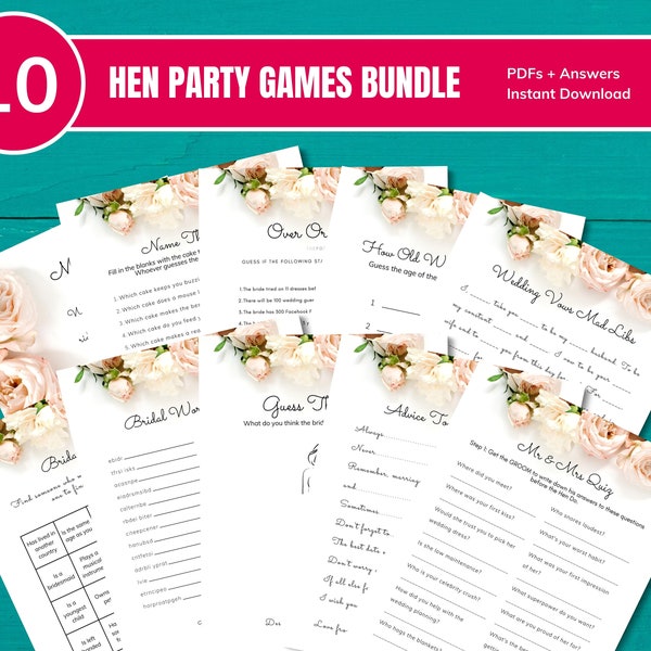 10 Hen Party Games Bundle | Virtual Or Printable | Bachelorette Or Bridal Shower | Instant Download | White Roses Design