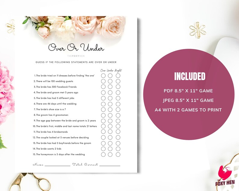 Over or Under Hen Party Game Instant Download & Printable Virtual Hen ...