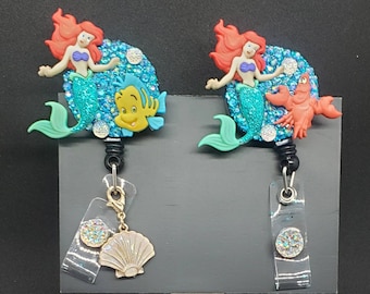Little Mermaid Badge Reel: Ariel, Sebastian, Flounder, Ursula, Sparkly Blue Crystals
