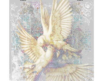Vintage White Doves Artwork Matte Vertical Poster | Romantic Bird Wall Decor