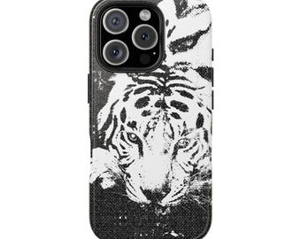 Black White Tiger Illustration Tough Phone Case | Grunge Wildlife Print