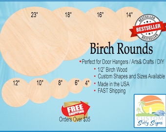 May include: A set of unfinished birch wood circles in various sizes, ranging from 4 inches to 23 inches in diameter. The circles are ideal for crafting projects such as door hangers, signs, and ornaments. The image also includes the text "Birch Rounds" and "Custom Salty Signs".