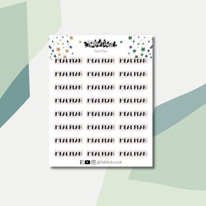 May include: A sheet of stickers with the words "MEAL PLAN" in a black, handwritten-style font. The stickers are rectangular with a white background and a thin, red border. The sheet has a decorative top with stars and a mountain design.