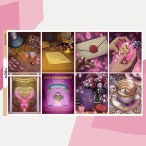 May include: A sticker sheet featuring eight rectangular illustrations with romantic themes, including heart-shaped pink potions, a sealed envelope, a bouquet of roses, a cup of coffee, and text reading New & Improved, Pearl Dust, and 101 Love Notes.