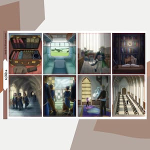May include: A sticker sheet titled Back To Wizard School featuring eight rectangular illustrations depicting a brown suitcase with books, a train carriage interior, a library, a stone hallway, a chess game, a classroom, and a large dining hall.