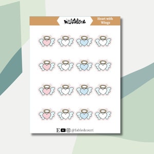 May include: A sheet of 12 heart with wings stickers. The hearts are pink and blue with white wings and halos. The stickers are on a white background with the text "Heart with Wings" at the top.