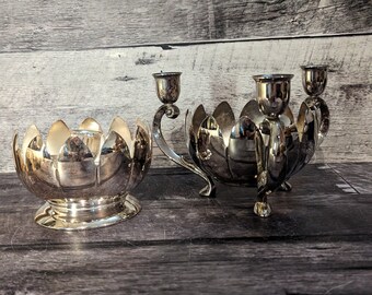 Two Silver Lotus Candle Holders