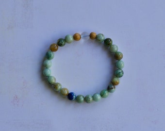 Smooth Natural Chrysocolla and Palo Santo Bracelet/ Stretch Bracelet/ Reiki Charged/ 8mm Beads and One 8mm Clear Quartz Bead/ Design 8