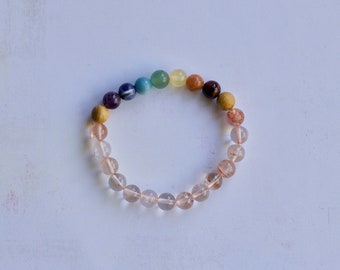 Smooth Rose Amphibole Quartz and Chakra Crystals and Palo Santo Bracelet/ Stretch Bracelet/ Reiki Charged/ 8mm Beads