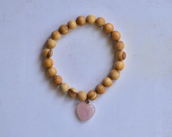 Rose Quartz and Palo Santo Bracelet/ Stretch Bracelet/ Reiki Charged/ 8mm Beads/ Design 18