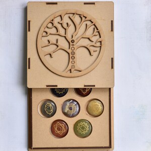 Set of 7 Engraved Chakra Stones in a  Wooden Box/ Carved Tree of Life on removable lid/Reiki Charged