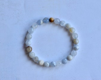 Chalcedony and Palo Santo Bracelet/ Stretch Bracelet/ Reiki Charged/ 8mm Faceted Beads and One 6mm Palo Santo Bead/ Design 6