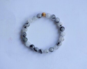 Black Tourmalinated Quartz and Palo Santo Bracelet/ Stretch Bracelet/ Reiki Charged/ 8mm Beads and One 6mm Bead/ Design 6