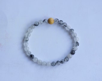 Black Tourmalinated Quartz and Palo Santo Bracelet/ Reiki Charged/ 6mm Beads and One 8mm Bead/ Design 2