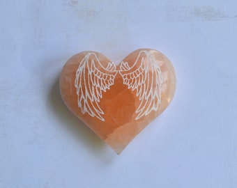 Orange/Peach Selenite Crystal Heart - Angel Wings/Reiki Charged/Sizes approx. 3 x 3 inches