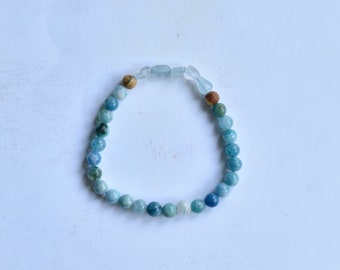 Hemimorphite + Aquamarine and Palo Santo Bracelet/ Stretch Bracelet/ Reiki Charged/ 6mm Smooth Beads/ Design 11