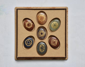 Set of 7 Engraved Chakra Stones in a  Wooden Box/ Flower of Life on removable lid/Reiki Charged