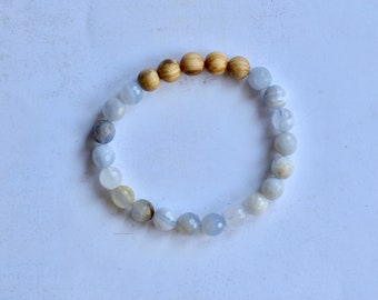 Chalcedony and Palo Santo Bracelet/ Stretch Bracelet/ Reiki Charged/ 8mm Faceted Beads/ Design 5