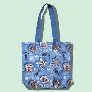 Jeans Dogs Tote Bag, dog lovers, textured, made with strong material, for all occasions. With lining, inner pocket & magnetic closer.