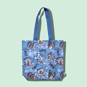 Jeans Dogs Tote Bag, dog lovers, textured, made with strong material, for all occasions. With lining, inner pocket & magnetic closer.