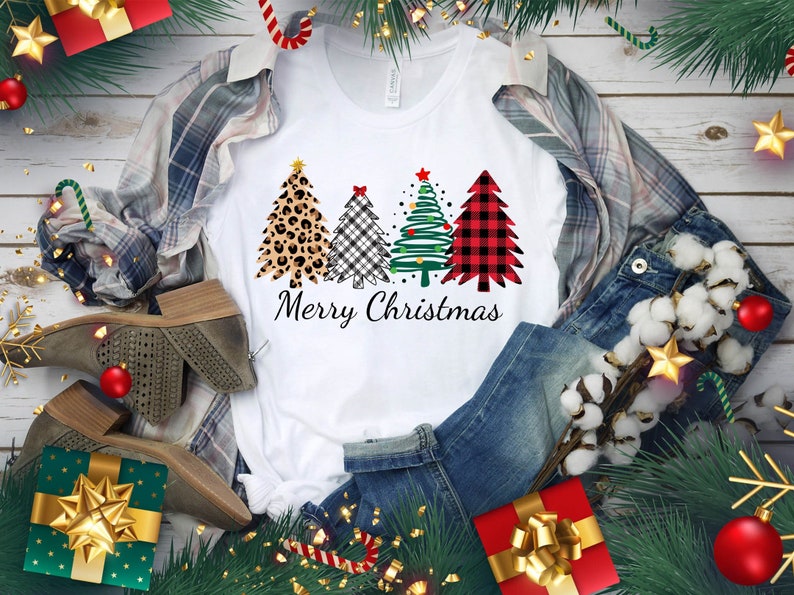 Christmas shirt  Merry Christmas Buffalo Plaid Trees image 1