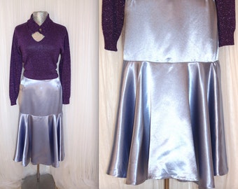 1980s Vintage Size M/L Hand Made Periwinkle Liquid Satin Fishtail Midi Flowy Skirt Summer